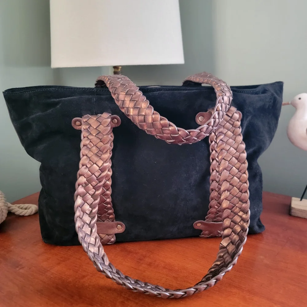 Donald J. Pliner Black Suede Braided Leather Tote Shoulder Bag Y2K